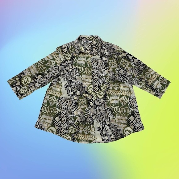 ALIA Multicolored Boho Aztec Print Long Sleeve Button Down Blouse - Picture 11 of 12